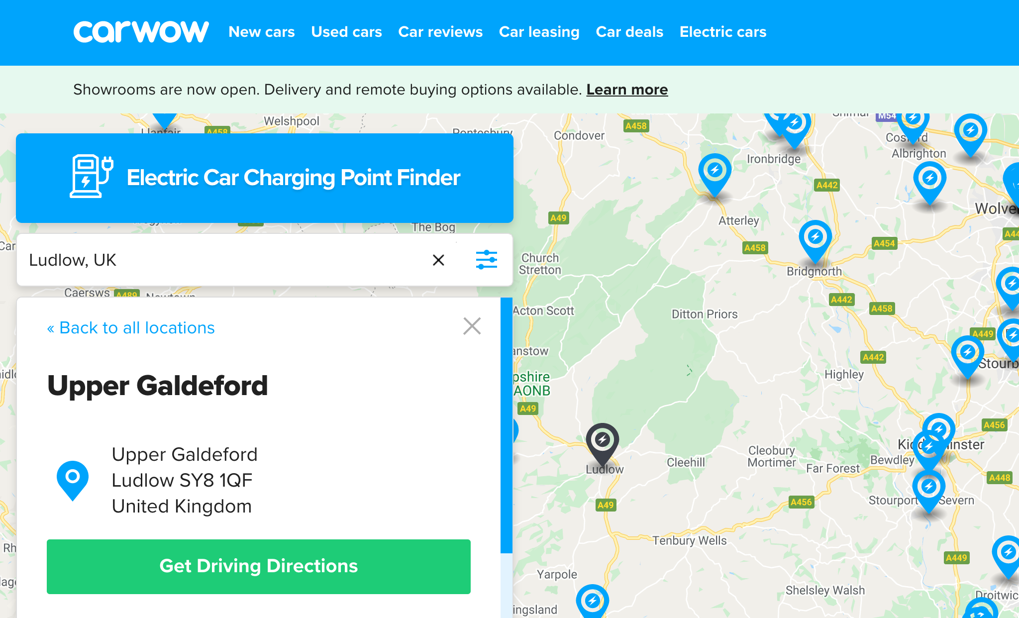 Map showing Car Wow electric and hybrid car charging points